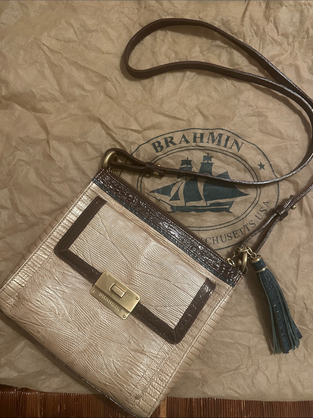 Brahmin Cream and Brown Crossbody with Teal Tassel